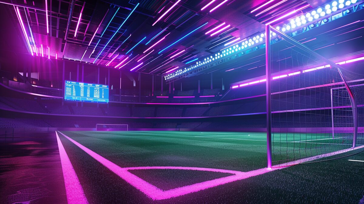 Estádio de futebol com interface de apostas